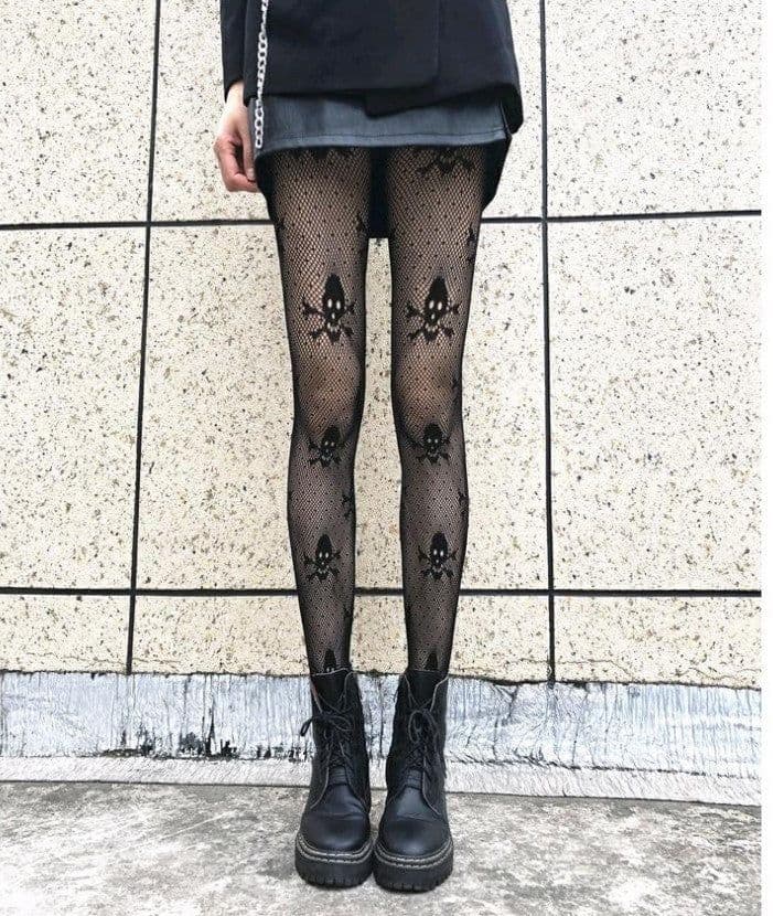 image-Skull Black Silk Fishnet Stockings Women's Panty Halloween Fishnet Socks