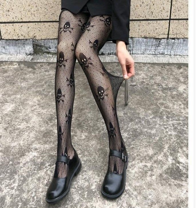 image-Skull Black Silk Fishnet Stockings Women's Panty Halloween Fishnet Socks