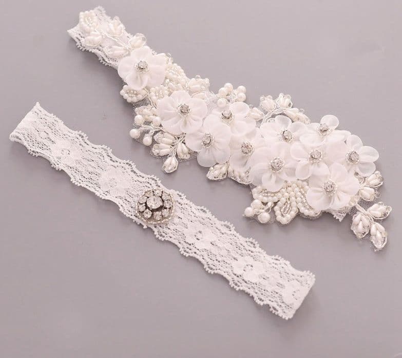 image-Bridal Rhinestone Garter Belt Pearl Flower Leg Socks Elastic