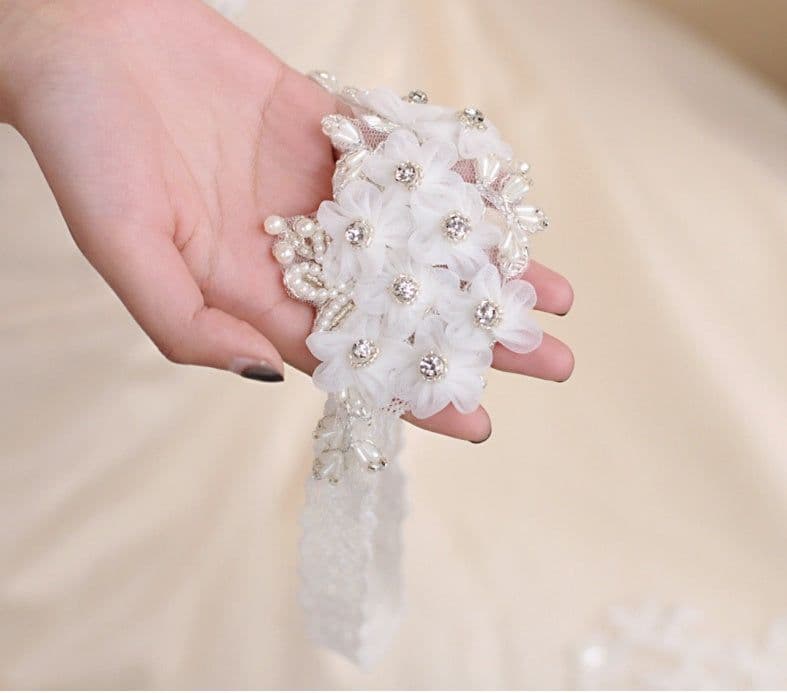 image-Bridal Rhinestone Garter Belt Pearl Flower Leg Socks Elastic