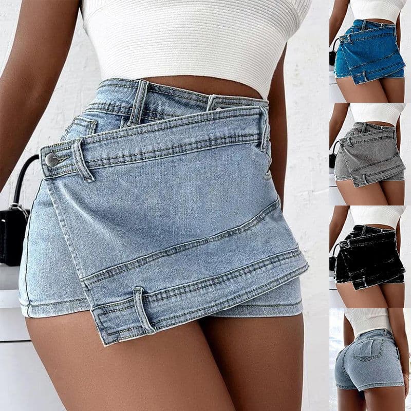image-Y2K Street Vintage Denim Shorts Stretch Overlap Waist Wrap Solid Asymmetrical Hem A-Line Skinny Mini Skorts Skirt