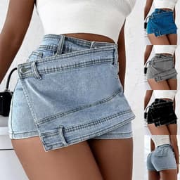 image-Y2K Street Vintage Denim Shorts Stretch Overlap Waist Wrap Solid Asymmetrical Hem A-Line Skinny Mini Skorts Skirt
