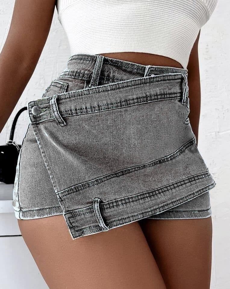 image-Y2K Street Vintage Denim Shorts Stretch Overlap Waist Wrap Solid Asymmetrical Hem A-Line Skinny Mini Skorts Skirt