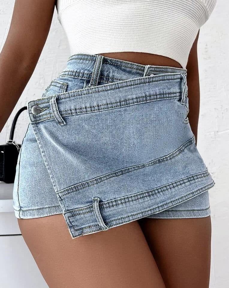 image-Y2K Street Vintage Denim Shorts Stretch Overlap Waist Wrap Solid Asymmetrical Hem A-Line Skinny Mini Skorts Skirt