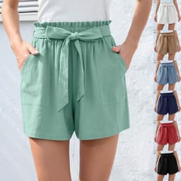 image-Fashion Ruffle Bow Waist Tie Shorts Summer Beach Pants With Pockets Womens Clothing