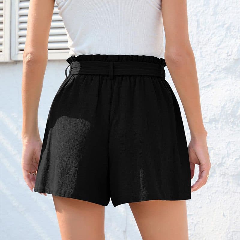 image-Fashion Ruffle Bow Waist Tie Shorts Summer Beach Pants With Pockets Womens Clothing