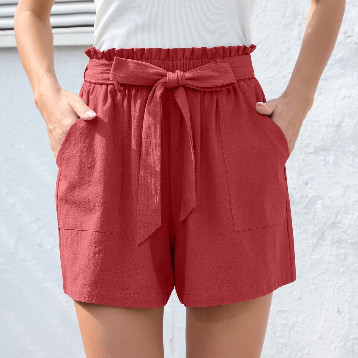 image-Fashion Ruffle Bow Waist Tie Shorts Summer Beach Pants With Pockets Womens Clothing