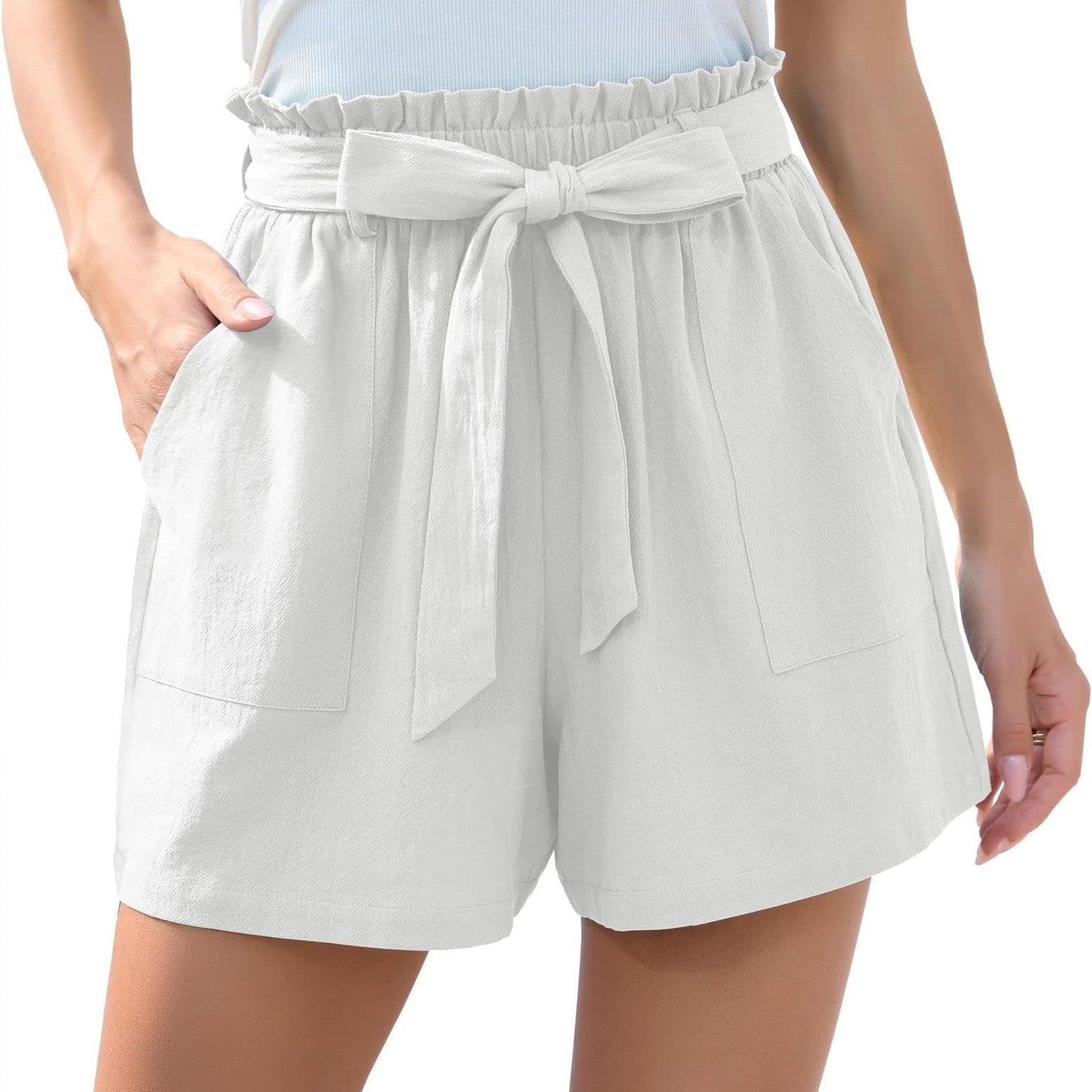 image-Fashion Ruffle Bow Waist Tie Shorts Summer Beach Pants With Pockets Womens Clothing