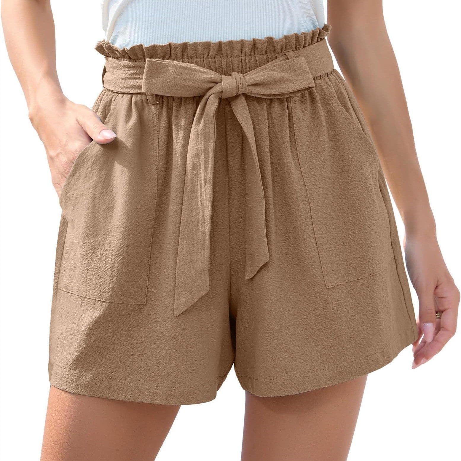 image-Fashion Ruffle Bow Waist Tie Shorts Summer Beach Pants With Pockets Womens Clothing