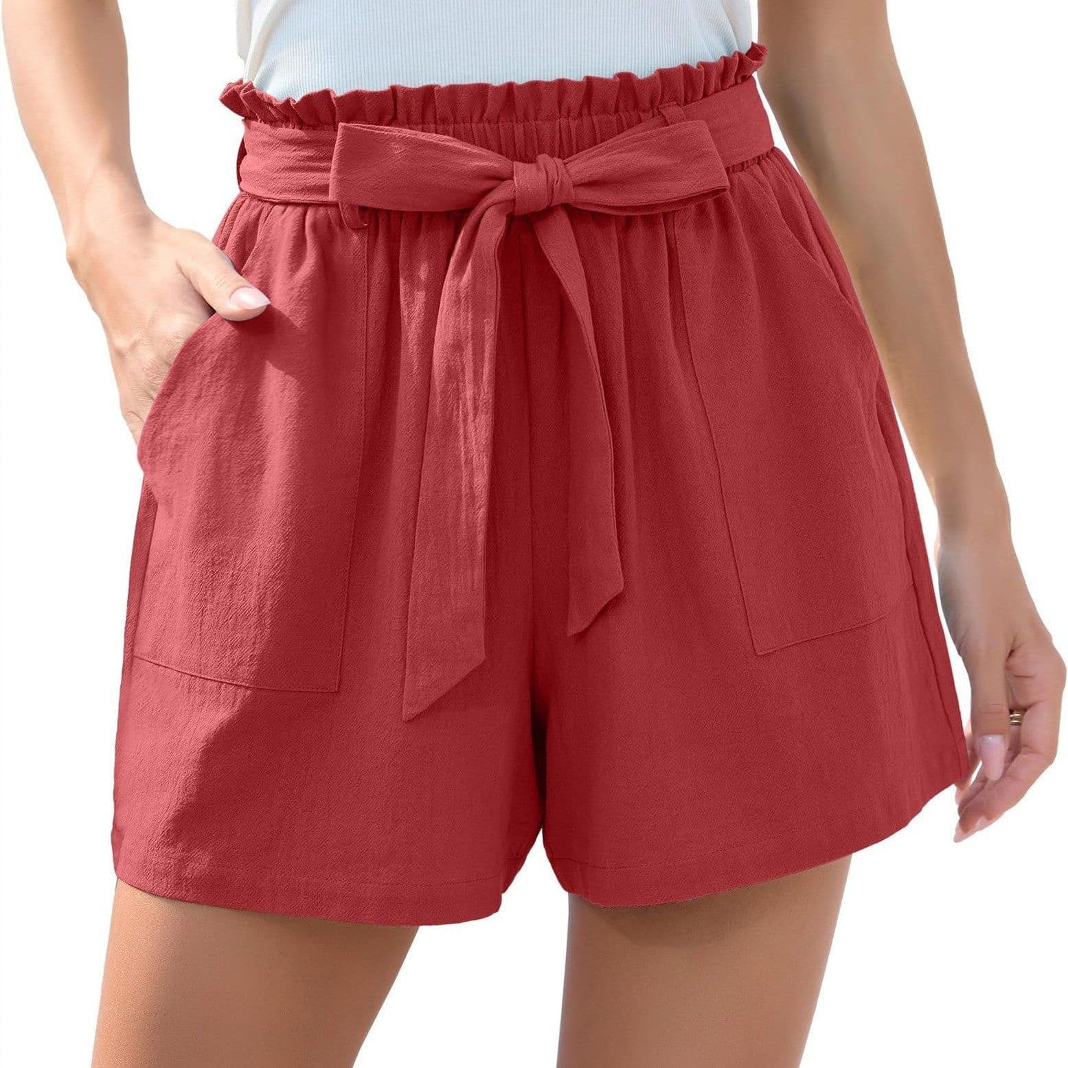 image-Fashion Ruffle Bow Waist Tie Shorts Summer Beach Pants With Pockets Womens Clothing