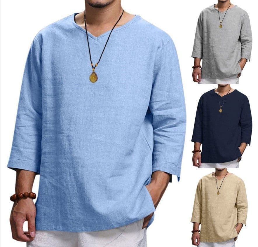 image-Loose Casual V-neck Top Cotton And Linen Long Sleeve Pullover Shirt Mens Clothing