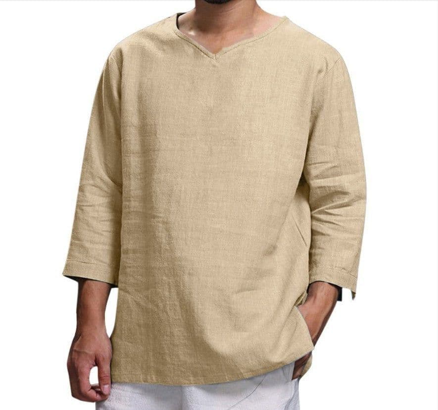 image-Loose Casual V-neck Top Cotton And Linen Long Sleeve Pullover Shirt Mens Clothing