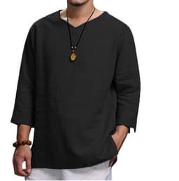 image-Loose Casual V-neck Top Cotton And Linen Long Sleeve Pullover Shirt Mens Clothing