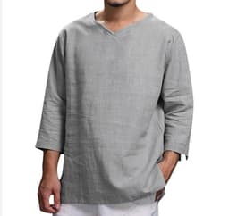 image-Loose Casual V-neck Top Cotton And Linen Long Sleeve Pullover Shirt Mens Clothing