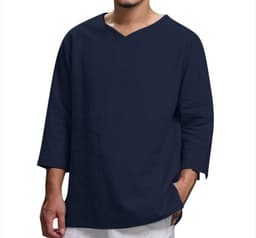 image-Loose Casual V-neck Top Cotton And Linen Long Sleeve Pullover Shirt Mens Clothing