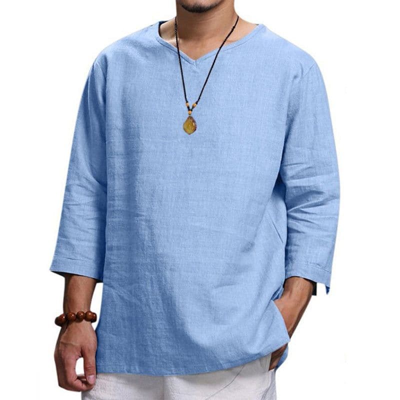 image-Loose Casual V-neck Top Cotton And Linen Long Sleeve Pullover Shirt Mens Clothing