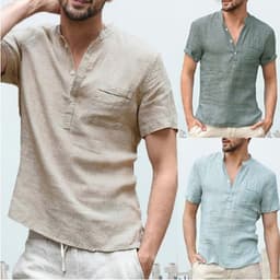 image-Casual Linen Solid Color Shirt Button V Neck Beach Shirt Men Summer Tops