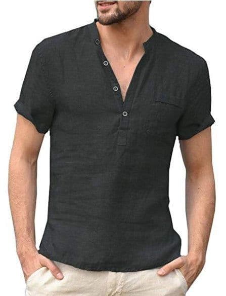 image-Casual Linen Solid Color Shirt Button V Neck Beach Shirt Men Summer Tops