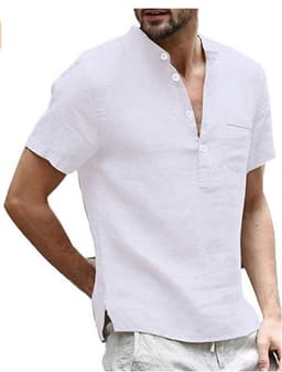 image-Casual Linen Solid Color Shirt Button V Neck Beach Shirt Men Summer Tops