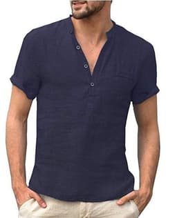 image-Casual Linen Solid Color Shirt Button V Neck Beach Shirt Men Summer Tops