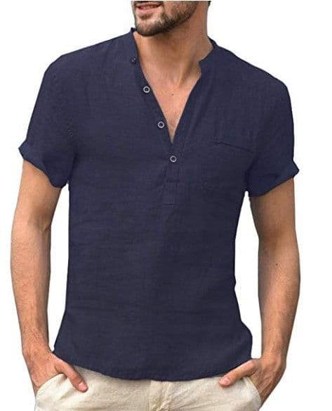 image-Casual Linen Solid Color Shirt Button V Neck Beach Shirt Men Summer Tops
