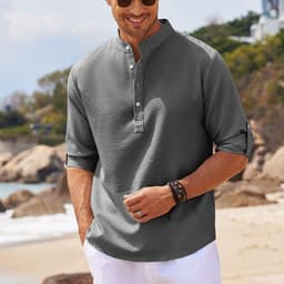 image-Men's Casual Shirt Long Sleeve Stand Collar Solid Color Shirt Mens Clothing