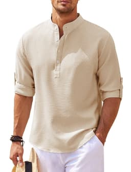 image-Men's Casual Shirt Long Sleeve Stand Collar Solid Color Shirt Mens Clothing