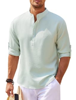 image-Men's Casual Shirt Long Sleeve Stand Collar Solid Color Shirt Mens Clothing