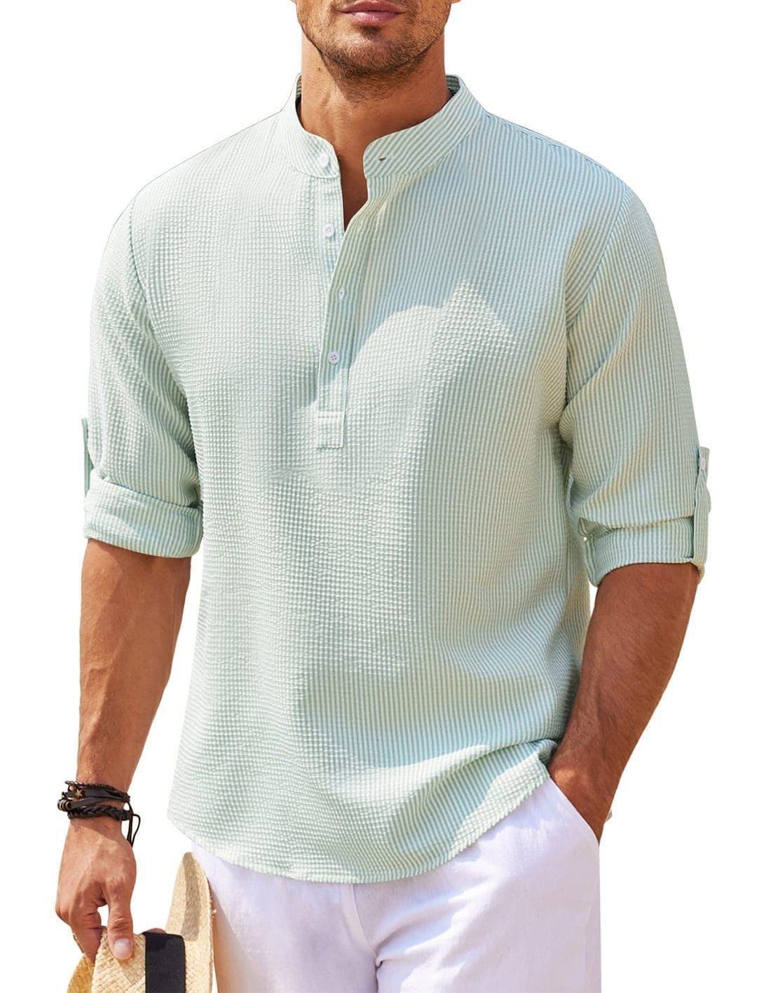 image-Men's Casual Shirt Long Sleeve Stand Collar Solid Color Shirt Mens Clothing