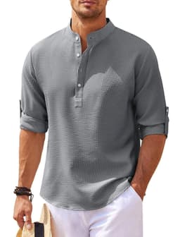image-Men's Casual Shirt Long Sleeve Stand Collar Solid Color Shirt Mens Clothing
