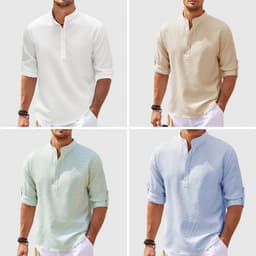 image-Men's Casual Shirt Long Sleeve Stand Collar Solid Color Shirt Mens Clothing