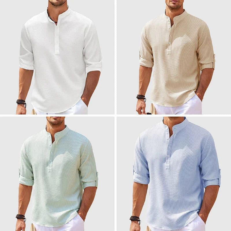 image-Men's Casual Shirt Long Sleeve Stand Collar Solid Color Shirt Mens Clothing