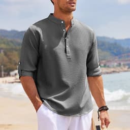 image-Men's Casual Shirt Long Sleeve Stand Collar Solid Color Shirt Mens Clothing