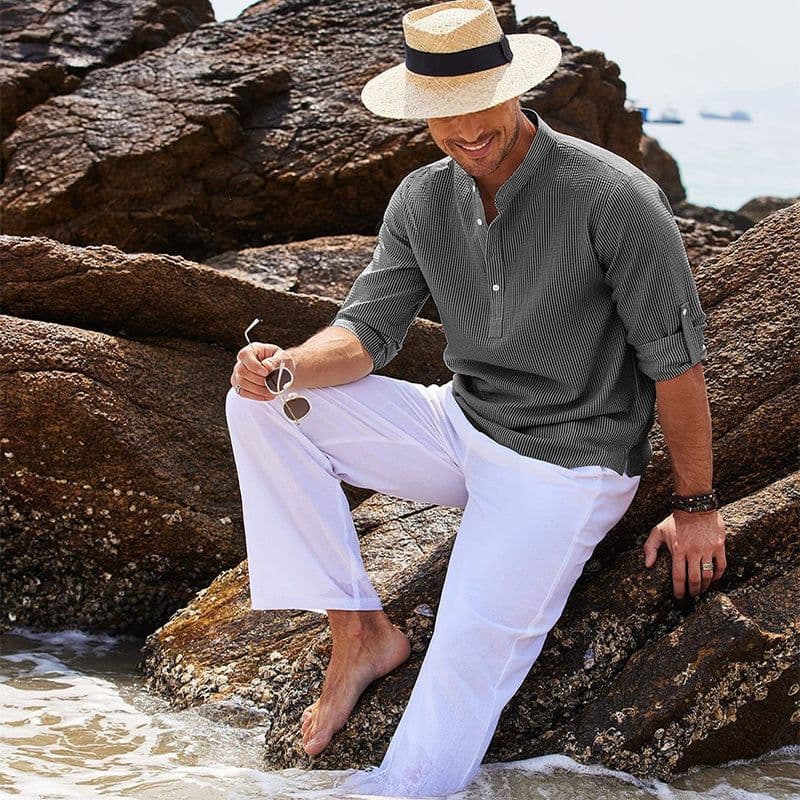 image-Men's Casual Shirt Long Sleeve Stand Collar Solid Color Shirt Mens Clothing
