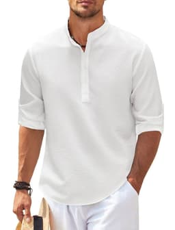 image-Men's Casual Shirt Long Sleeve Stand Collar Solid Color Shirt Mens Clothing