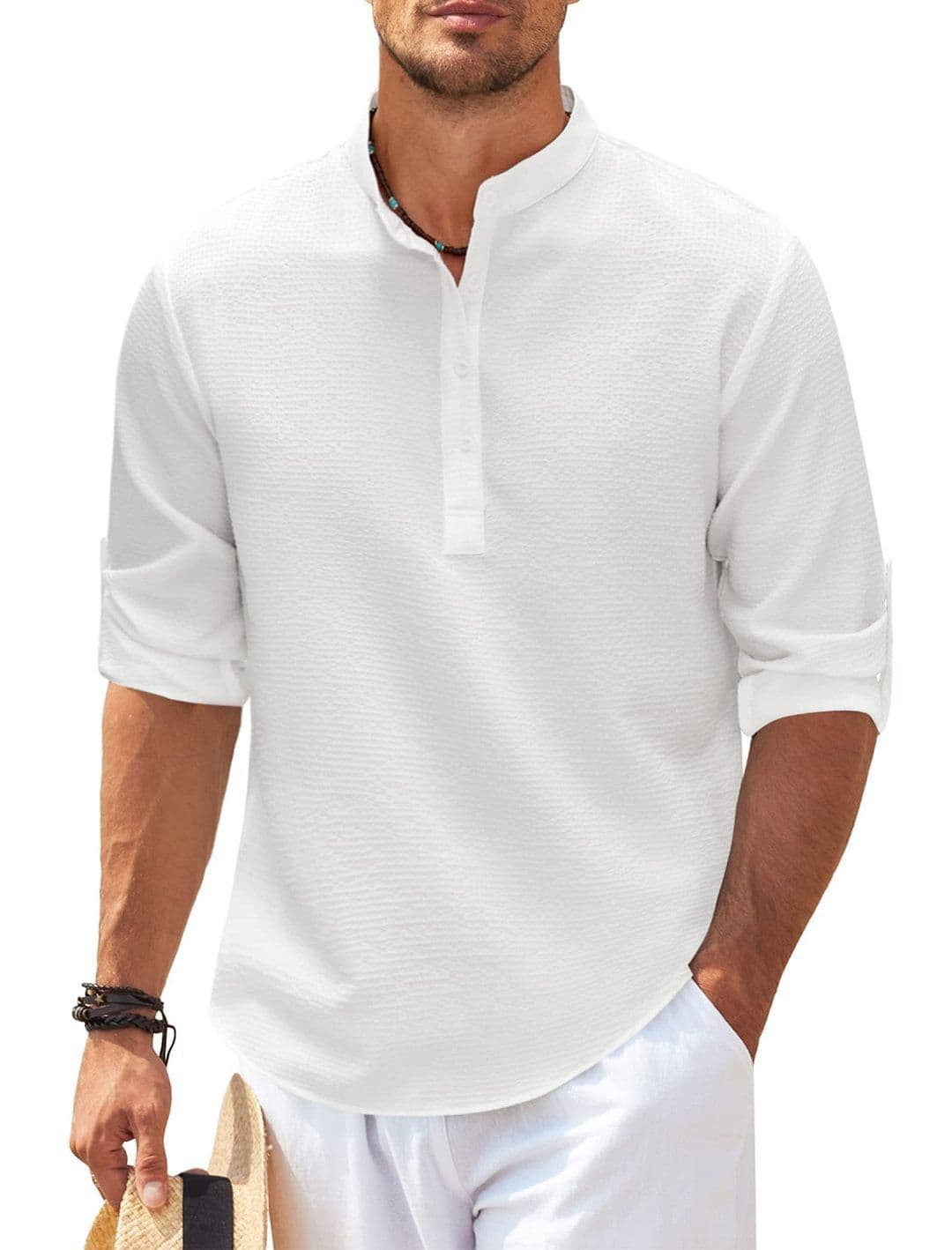 image-Men's Casual Shirt Long Sleeve Stand Collar Solid Color Shirt Mens Clothing