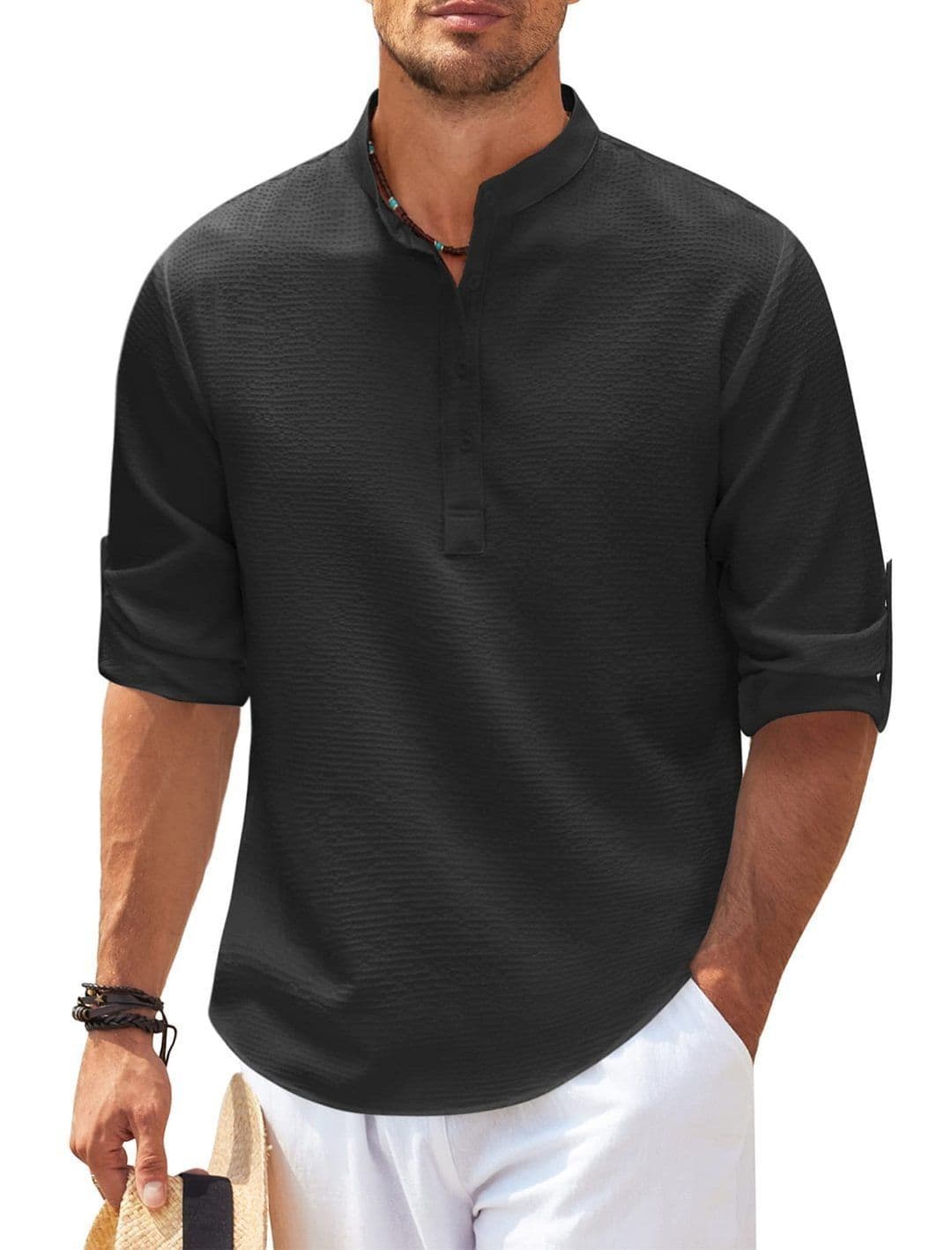 image-Men's Casual Shirt Long Sleeve Stand Collar Solid Color Shirt Mens Clothing