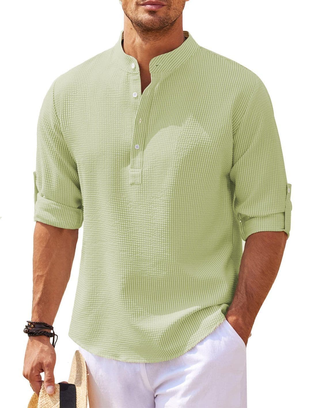 image-Men's Casual Shirt Long Sleeve Stand Collar Solid Color Shirt Mens Clothing