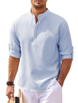 image-Men's Casual Shirt Long Sleeve Stand Collar Solid Color Shirt Mens Clothing