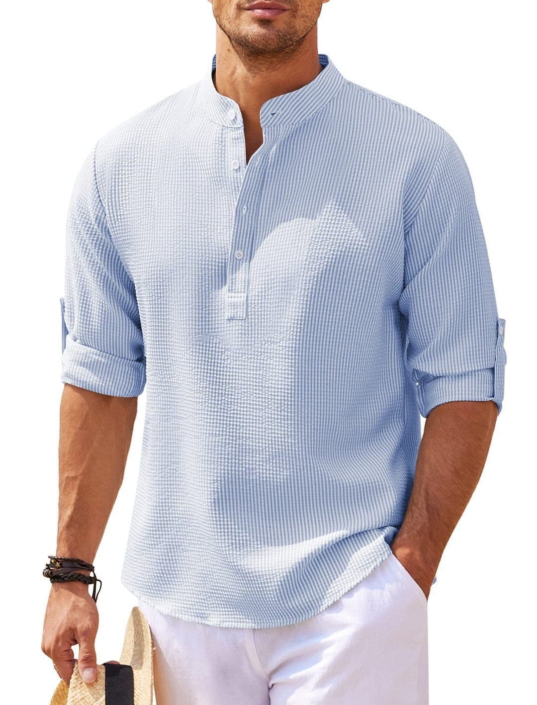 image-Men's Casual Shirt Long Sleeve Stand Collar Solid Color Shirt Mens Clothing