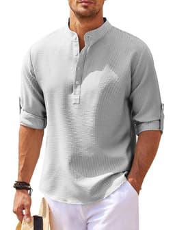 image-Men's Casual Shirt Long Sleeve Stand Collar Solid Color Shirt Mens Clothing