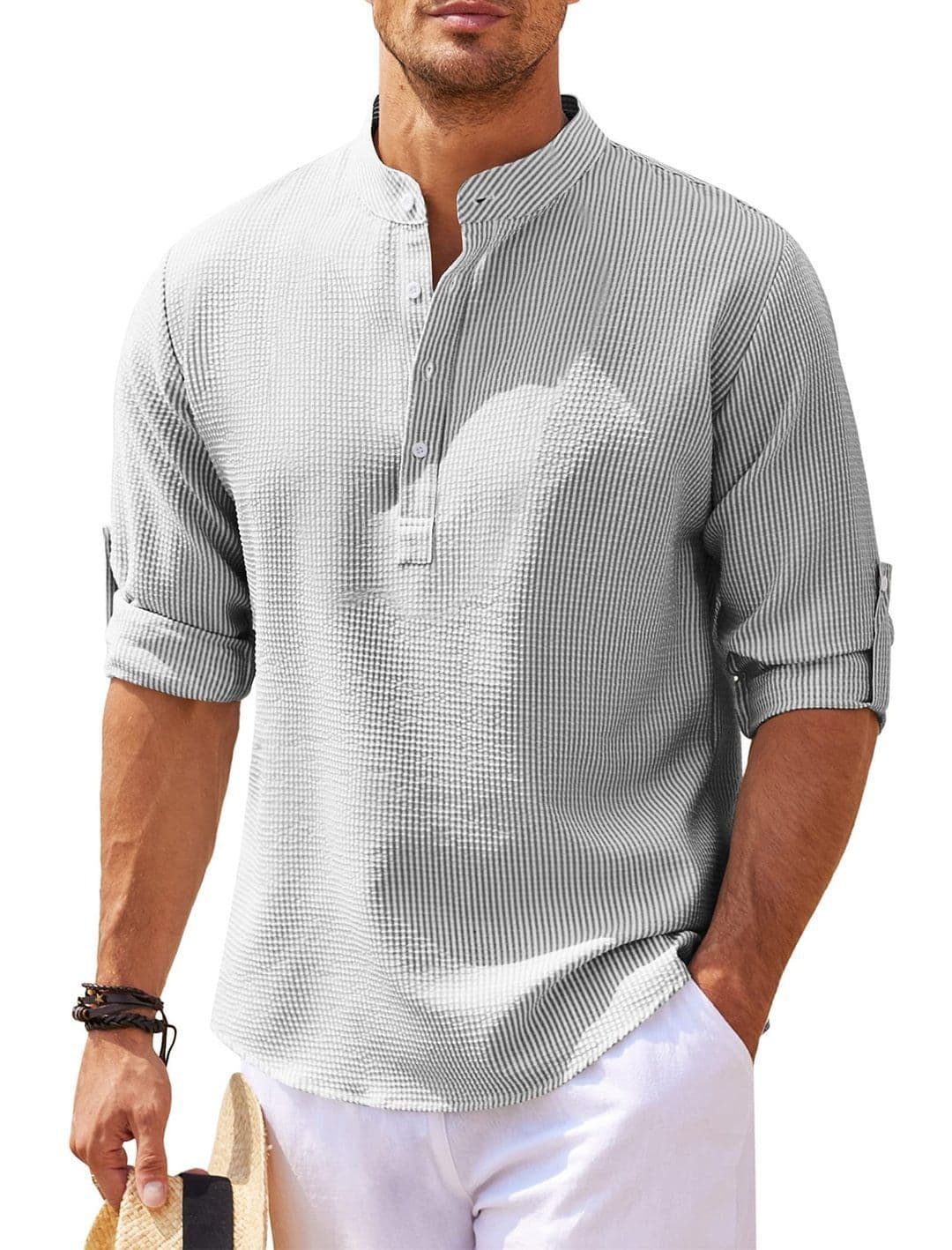 image-Men's Casual Shirt Long Sleeve Stand Collar Solid Color Shirt Mens Clothing