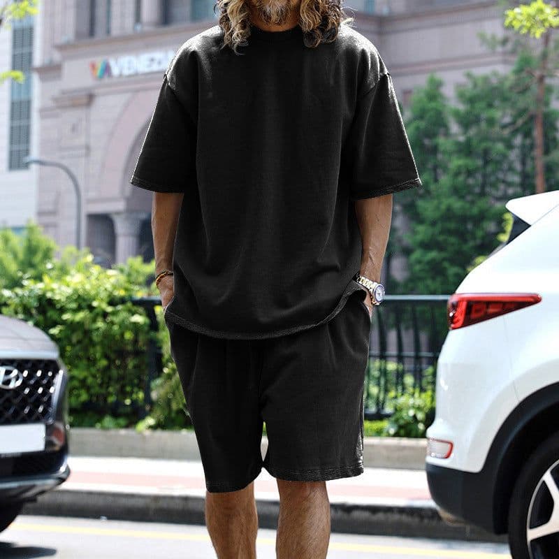 image-2pcs Loose Sports Suits Summer Round Neck Short-sleeved T-shirt And Drawstring Pockets Shorts Casual Solid Color Set Mens Clothing