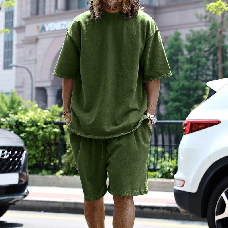 image-2pcs Loose Sports Suits Summer Round Neck Short-sleeved T-shirt And Drawstring Pockets Shorts Casual Solid Color Set Mens Clothing