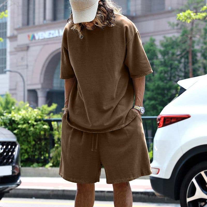 image-2pcs Loose Sports Suits Summer Round Neck Short-sleeved T-shirt And Drawstring Pockets Shorts Casual Solid Color Set Mens Clothing