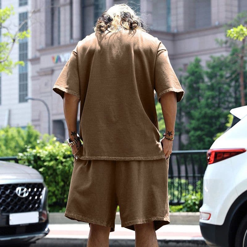 image-2pcs Loose Sports Suits Summer Round Neck Short-sleeved T-shirt And Drawstring Pockets Shorts Casual Solid Color Set Mens Clothing