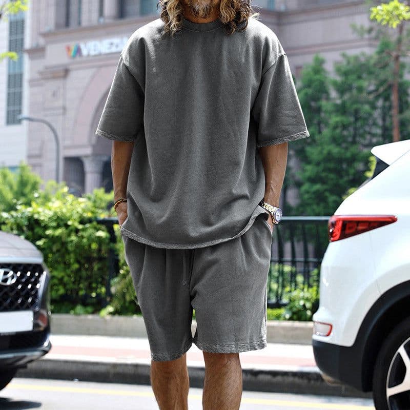 image-2pcs Loose Sports Suits Summer Round Neck Short-sleeved T-shirt And Drawstring Pockets Shorts Casual Solid Color Set Mens Clothing
