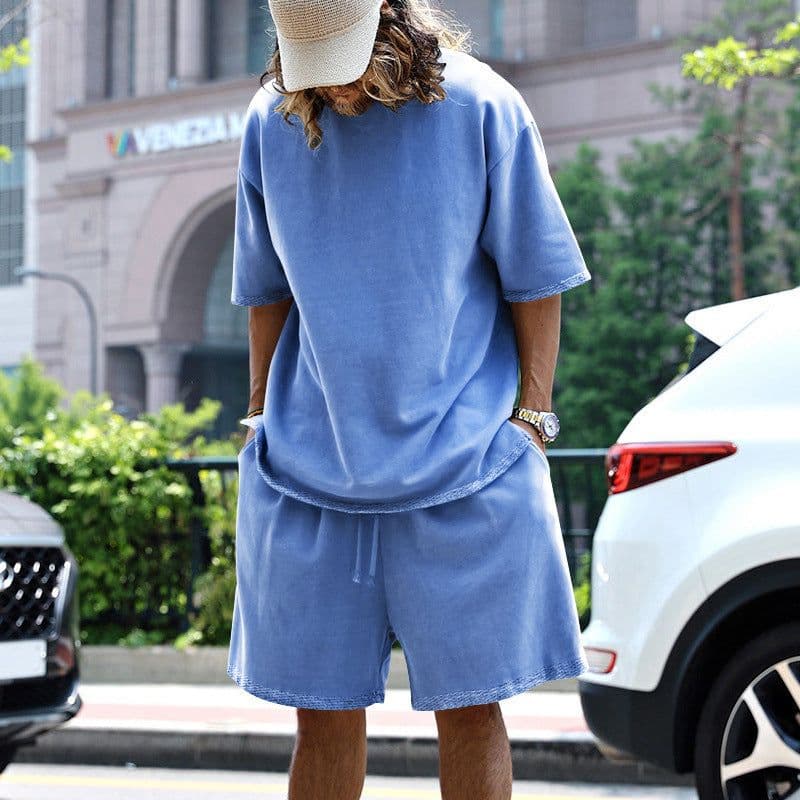 image-2pcs Loose Sports Suits Summer Round Neck Short-sleeved T-shirt And Drawstring Pockets Shorts Casual Solid Color Set Mens Clothing