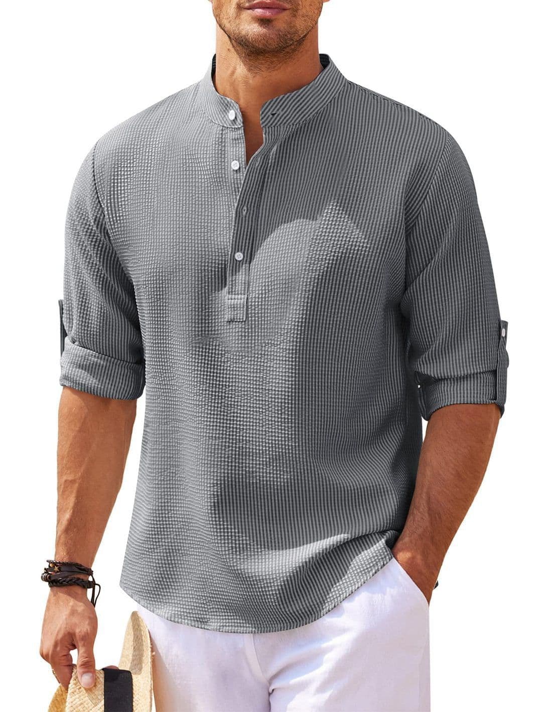 image-Stand Collar Button Shirt Summer Pineapple Texture Shirt Casual Top Men's Clothing