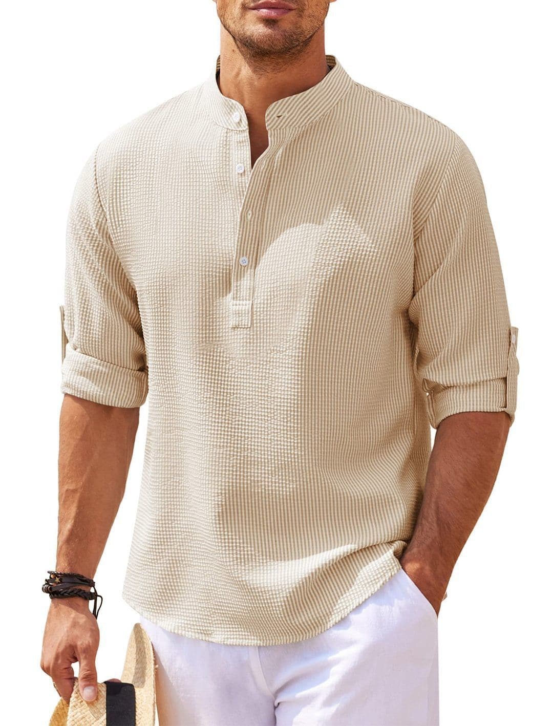 image-Stand Collar Button Shirt Summer Pineapple Texture Shirt Casual Top Men's Clothing